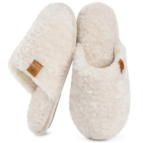 Produktbild: EverFoams Damen Scuff Hausschuhe Gemütlich Weiches Flauschiges Kunstalpaka Memoryschaum Leichte Rutschfeste Pantoffeln Creme Weiß, 36-37 EU