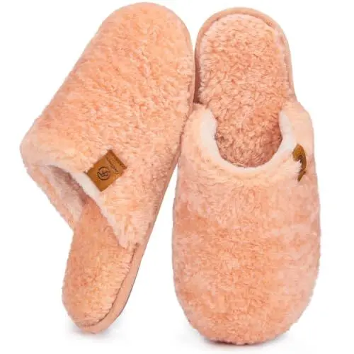 Produktbild: EverFoams Damen Scuff Hausschuhe Gemütlich Weiches Flauschiges Kunstalpaka Memoryschaum Leichte Rutschfeste Pantoffeln Pfirsich, 36-37 EU