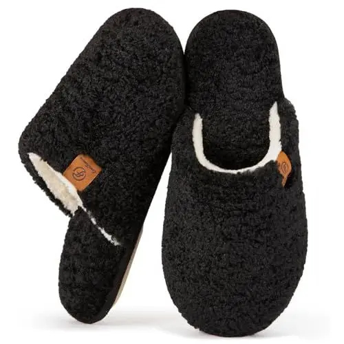 Produktbild: EverFoams Damen Scuff Hausschuhe Gemütlich Weiches Flauschiges Kunstalpaka Memoryschaum Leichte Rutschfeste Pantoffeln Schwarz, 40-41 EU