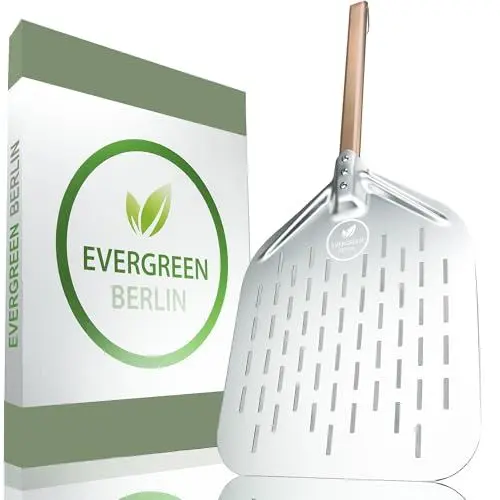 Produktbild: EVERGREEN BERLIN® - Pizzaschieber - DAS ORIGINAL - Pizzaschieber perforiert - Pizzaheber aus Alu und Buchenholz - Pizzaschaufel perforiert für Pizza Passion - Pizzawender - Pizza Schieber - Pizza Peel