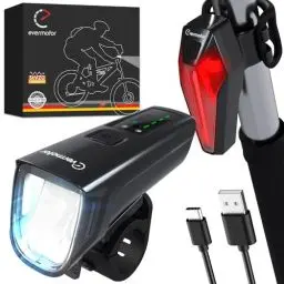 Produktbild: evermotor LED Fahrradlicht Set, StVZO-Zugelassen Fahrradlampe Licht + Rücklicht Fahrrad, USB C Aufladbar Fahrradbeleuchtung Zubehör, Lange Laufzeit Mountainbike Lichter Kit für Kinder und Erwachsene
