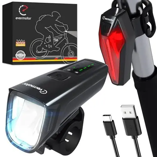 Produktbild: evermotor LED Fahrradlicht Set, StVZO-Zugelassen Fahrradlampe Licht + Rücklicht Fahrrad, USB C Aufladbar Fahrradbeleuchtung Zubehör, Lange Laufzeit Mountainbike Lichter Kit für Kinder und Erwachsene