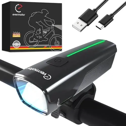 Produktbild: evermotor LED Fahrradlicht Vorne mit StVZO-Zugelassen, USB-C 2600mAh Akkukapazität Fahrradlampe, IPX5 Wasserdicht Fahrrad Licht 50LUX Fahrradbeleuchtung Blinker für Kinder und Erwachsene