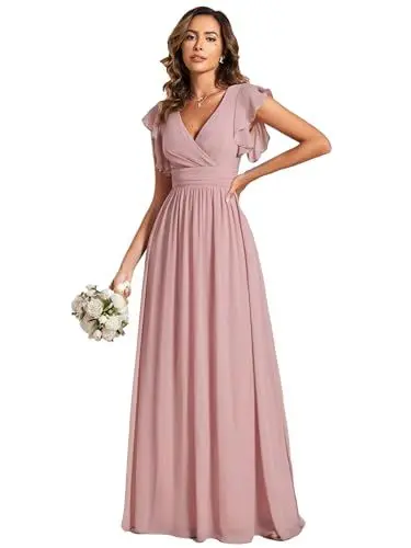 Produktbild: Ever-Pretty Abendkleid Lang Elegant für Hochzeit V-Ausschnitt A-Linie Ballkleider Damen Neckholder Brautjungferkleider Chiffon Staubige Rose 36