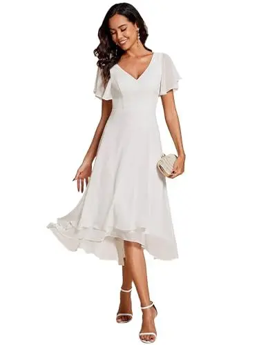 Produktbild: Ever-Pretty Abendkleider Damen Elegant für Hochzeit Midi A-Line Cocktailkleid High-Low Hochzeitsgäste Kleid Brautjungfernkleider Weiß 40