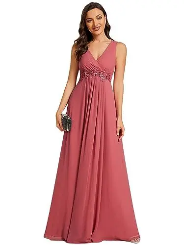Produktbild: Ever-Pretty Damen Brautjungfernkleider Elegant Maxi Ärmellos V-Ausschnitt Chiffon Rückenfrei Kam Brown 56
