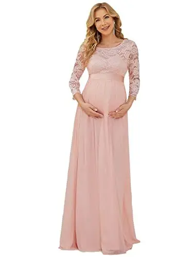 Produktbild: Ever-Pretty Damen Rundhalsausschnitt 3/4 Ärmel Spitze Empire A-Linie Bodenlang Brautjungfernkleider für Schwangere Rosa 46EU