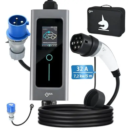Produktbild: EVIEUN EV Ladekabel Typ 2 7,2 kW 1-Phasen 6-32 A 5M, EV-Ladegerät Ladekabel CEE auf Typ 2 mit Allen Elektro-und Hybridfahrzeugen, Tragbare EV-Ladestation mit Adapter für CEE auf Schuko