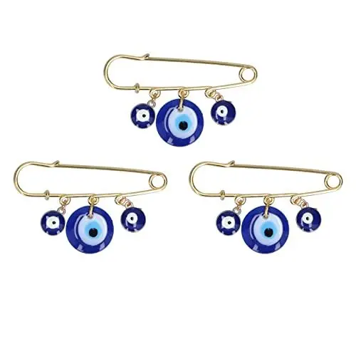 Produktbild: Evil Eye Brosche, Evil Eye Pin, 3 Stück Kleidungsnadeln 3 blaue Augen Anhänger Golden Anstecknadel Exquisite Multifunktionale Sicherheitsnadeln für Kleidung, Tasche, Schal, Dekoration