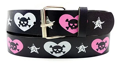 Produktbild: Evil Wear Damen Gürtel schwarz Totenkopf Herz Motiv weiss Pink 110cm