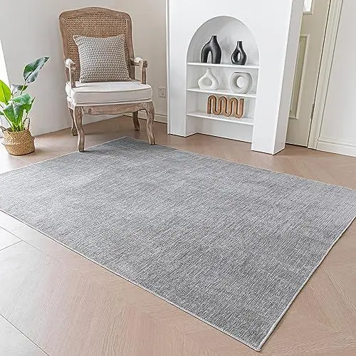 Produktbild: Evitany Teppich Wohnzimmer, Kurzflor Teppiche Anti-Rutsch rutschfeste Teppiche, Waschbarer Pflegeleicht Einfarbig Teppich Grau, Schlafzimmerteppiche (Grau/120x160 cm)