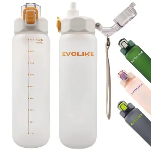 Produktbild: Evolike Trinkflasche Sport 1l mit Strohhalm 2-in-1 für Sport & Alltag | Auslaufsicher BPA-frei Rutschfest mit Skala & Griff | nicht spülmaschinengeeignet (Weiß)