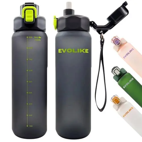 Produktbild: Evolike Trinkflasche Sport 1l mit Strohhalm 2-in-1 für Sport & Alltag | Auslaufsicher BPA-frei Rutschfest mit Skala & Griff | nicht spülmaschinengeeignet (Grau)