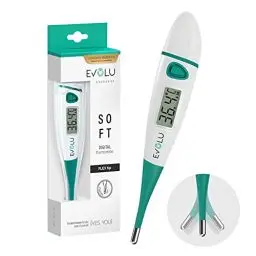 Produktbild: Evolu Wasserdichtes Flexibles Digitales Thermometer Messung in Mund, Rektal oder Achsel mit flexibler Messspitze in 10 Sek - Babys, Kinder, Erwachsene - hohe Präzision - mit Aufbewahrungsbox