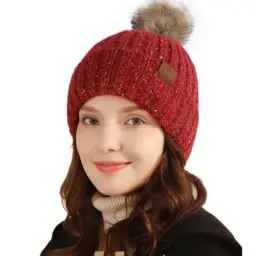 Produktbild: Evolyline Bommelmütze Damen Beanie Winter Strickmütze Gefüttert Fleece Wollmütze Wintermütze Pudelmütze Haube Winterhut Pom Pom Frauen Weich & Warm