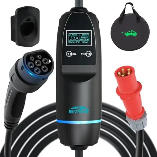 Produktbild: EVPEIWE Mobile Wallbox 22KW 3 Phasig mit Typ 2 Ladekabel für Elektrofahrzeuge & Plug-in-Hybrid-Autos Schaltbar Strom 6A/7A/8A-32A EV-Ladegerät, 5M Tragbares EV Ladestation mit CEE Stecker EV Charger
