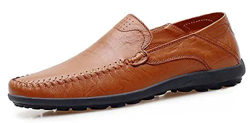 Produktbild: EwigYou Herren Mokassins Lederschuhe Weiche Bootsschuhe Rindsleder Flache Slippers Loafers Fahrerschuhe Angenehme Halbschuhe Herrenschuhe, Rotbraun, 43 EU