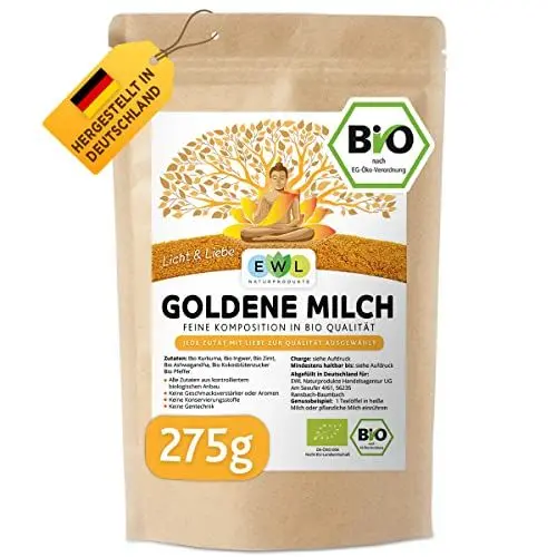 Produktbild: EWL Naturprodukte Bio Goldene Milch 275g, Golden Milk mit Kurkuma, Ingwer, Ashwaganda, Ceylon Zimt, Ceylon Pfeffer, Kokosblütenzucker