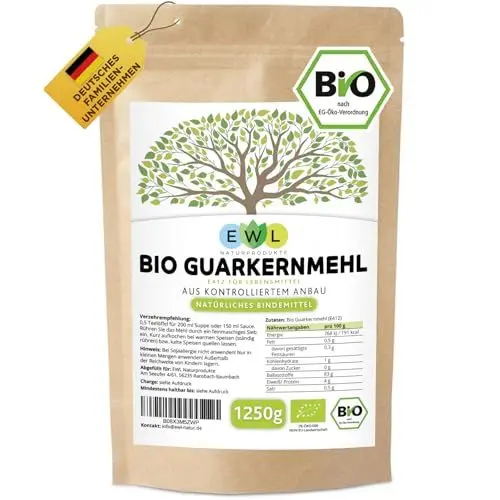 Produktbild: EWL Naturprodukte Bio Guarkernmehl 1250g XXL Vorteilspack Guar Gum Bio Guarkern Mehl aus kontrolliertem Anbau Guarkernmehl E412 Glutenfrei Bindemittel Verdickungsmittel 1250g