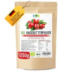 Produktbild: EWL Naturprodukte Bio Hagebuttenpulver 1250g XXL Vorteilspack in Rohkostqualität | Ganze schonend gemahlene Hagebutte | kontrollierter Anbau für Vegan, abgefüllt in Deutschland