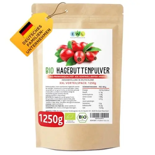 Produktbild: EWL Naturprodukte Bio Hagebuttenpulver 1250g XXL Vorteilspack in Rohkostqualität | Ganze schonend gemahlene Hagebutte | kontrollierter Anbau für Vegan, abgefüllt in Deutschland