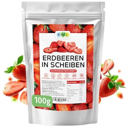 Produktbild: EWL Naturprodukte Erdbeeren gefriergetrocknet 100g, gefriergetrocknete Erdbeeren in Scheiben, getrocknete Erdbeeren frei von Zusatzstoffen, getrocknete Früchte abgefüllt in Deutschland