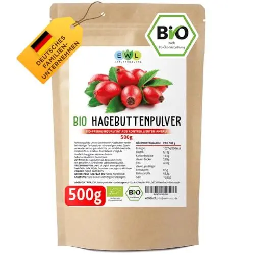 Produktbild: EWL Naturprodukte Hagebuttenpulver BIO 500g, Hagebuttenpulver in Rohkostqualität, Bio Hagebuttenpulver aus kontrolliert biologischem Anbau, Vegan