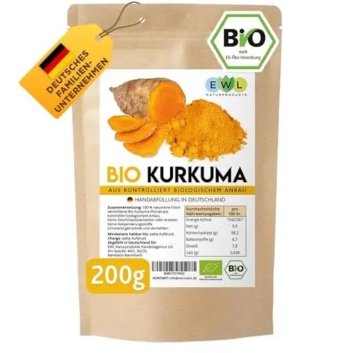 Produktbild: EWL Naturprodukte Kurkuma Pulver BIO, 200g Kurkuma Bio Pulver fein gemahlen, Curcuma Pulver aus kontrolliert biologischem Anbau