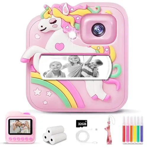 Produktbild: E-WOR Kinderkamera Sofortbildkamera, Sofortbildkamera Kinder mit 32GB Karte & Druckpapier, 1080P Digitalkamera Kinder, Geschenke für Jungen und Mädchen 3-12 Jahre, Rosa