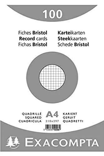 Produktbild: Exacompta 10206E 100er Pack Karteikarten kariert DIN A4 in Folie eingeschweißt 21 x 29,7 cm ideal für die Schule und Universität zum Lernen weiß
