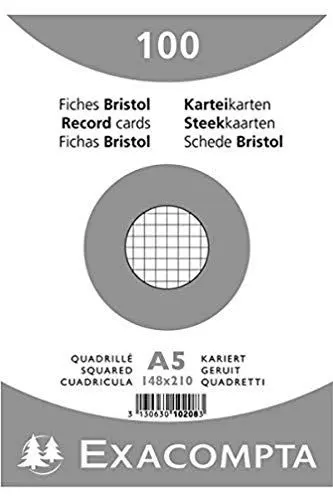 Produktbild: Exacompta 10208E 100er Pack Karteikarten kariert DIN A5 in Folie eingeschweißt 14,8 x 21 cm ideal für die Schule und Universität zum Lernen weiß