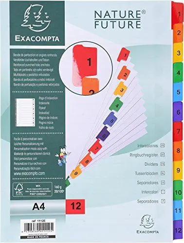 Produktbild: Exacompta 1112E Karton-Register 1-12 für DIN A4 aus Karton 12-teilig volle Höhe 21 x 29,7 cm weiß, bunte verstärkte Taben mit Indexseite Trennblätter Trennstreifen Ordner-Register