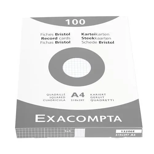 Produktbild: Exacompta 13206E Packung (mit 100 Karteikarten, ungelocht, DIN A4, 21 x 29,7 cm, 205 g, kariert, ideal für die Schule) 1er Pack weiß