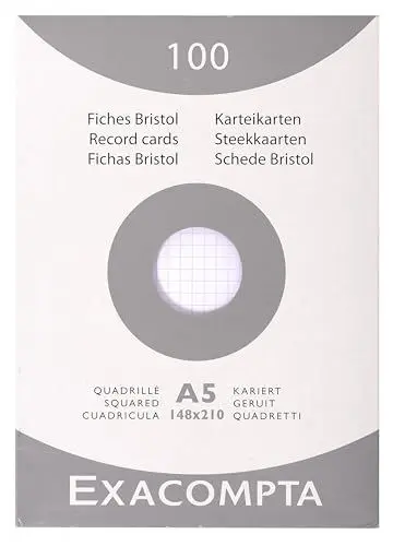 Produktbild: Exacompta 13208E 100er Pack Karteikarten kariert DIN A5 in Folie eingeschweißt 14,8 x 21 cm ideal für die Schule und Universität zum Lernen weiß, 205 g