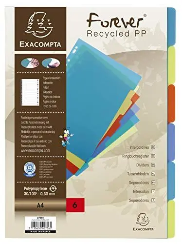 Produktbild: Exacompta 2706E Premium-Register Forever für DIN A4 aus recyceltem Kunststoff 6-teilig volle Höhe 21 x 29,7 cm vollfarbig 6 Farben mit Indexseite zum selbstgestalten Blauer Engel Trennblätter
