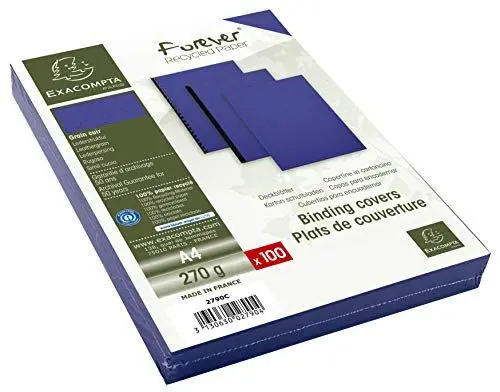 Produktbild: Exacompta 2790C 100er Pack Einbanddeckel DIN A4 für Bindesysteme Forever aus Recycling-Karton dunkelblau. Geeignet zur Verwendung mit Serodo-Bindern, Kunststoffringen, Metallringen und mehr
