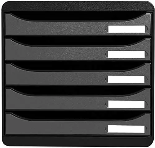 Produktbild: Exacompta 309738D Premium Ablagebox mit 5 Schubladen für DIN A4+ Dokumente. Stapelbare Schubladenbox mit hoher Kapazität für mehr Platz auf dem Schreibtisch Big Box Plus Metallic Schwarz|Silber
