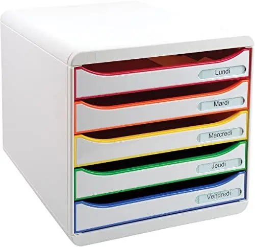 Produktbild: Exacompta 309913D Premium Ablagebox mit 5 Schubladen für DIN A4+ Dokumente. Stapelbare Schubladenbox mit hoher Kapazität für mehr Platz auf dem Schreibtisch Big Box Plus Black Office Weiß-Bunt