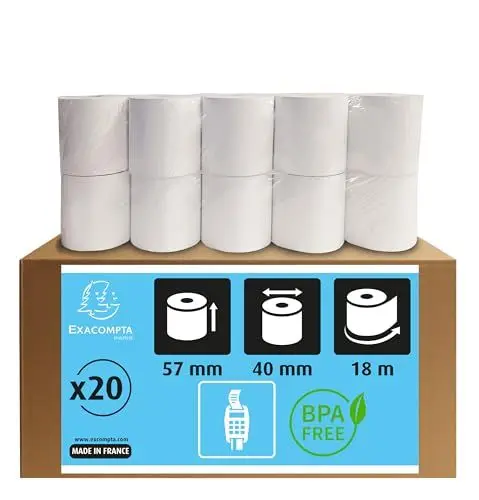 Produktbild: Exacompta 40751E 20er Pack Thermopapierrollen 1-lagig Breite: 57mm, Länge: 18m, Durchmesser Kern: 12mm 55g/m² rückseitig bedruckt für Kartenzahlung (EC Cash Geräte)