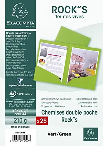 Produktbild: Exacompta 415003E 25er Pack Aktenmappen ROCKS mit 2 Innenfächern 220g für DIN A4 PEFC™-zertifizierte grün Präsentationsmappe Sammelmappe Dokumentenmappe
