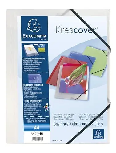 Produktbild: Exacompta 55188E 5er Pack Einschlagmappe KreaCover. Aus Kunststoff DIN A4 mit 2 Gummizügen und 3 Klappen transparent Sammelmappe Dokumentenmappe ideal für Büro und Schule