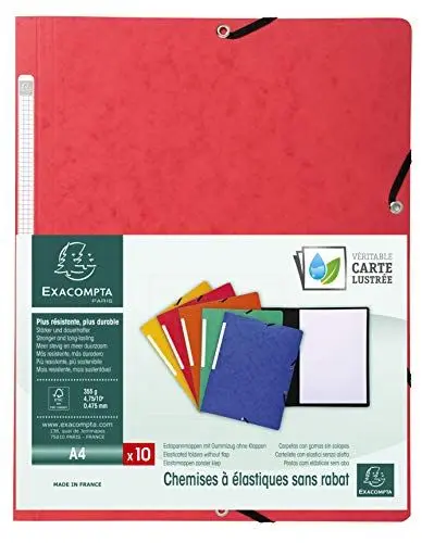 Produktbild: Exacompta 55415E 10er Pack Eckspanner-Mappen. Aus extra starkem Manila-Karton DIN A4 mit 2 Gummizügen und Rückenschild rot Sammelmappe Dokumentenmappe