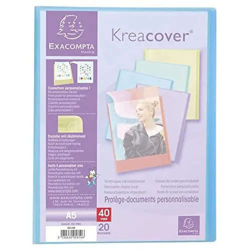 Produktbild: Exacompta 5810E Sichtmappe KreaCover Pastell aus Kunststoff DIN A5 mit 20 Klarsichthüllen, 40 Sichten, Tasche am Vorderdeckel zum selbstgestalten, Aktenhülle, Prospekthülle, 1 Stück Zufallsfarbe