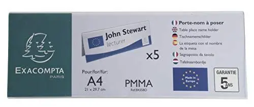 Produktbild: Exacompta 84358D 5er Pack Tisch-Namensschilder Querformat DIN A4 gefaltet aus hochwertigem Acryl beidseitig verwendbar UV beständig 30,0x10,5 cm Tischaufsteller Tischschild transparent
