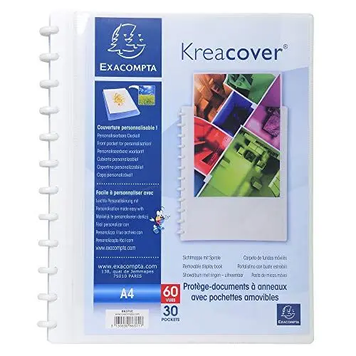 Produktbild: Exacompta 86371E Ringmappe Kreacover mit 30 abnehmbaren genarbten Hüllen, 60 Ansichten personalisierbar für DIN A4 1 Stück weiß Spiralmappe Ringbuchmappe Aktenhülle
