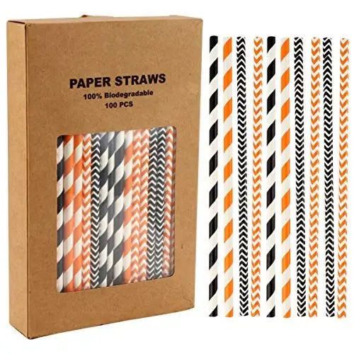 Produktbild: EXCEART 100 Stück Halloween-Strohhalme Papier Schwarz Und Orange Gestreiftes Druckpapier Trinkhalme für Halloween-Partyzubehör
