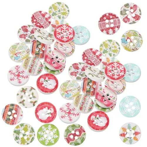 Produktbild: EXCEART 100 Stück Weihnachts-Holzknöpfe Schneeflocken Runde Form Kleine Knöpfe Mit 2 Löchern Für DIY Nähen Basteln Scrapbooking Dekoration