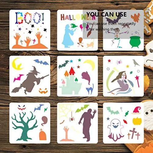 Produktbild: EXCEART 9 Stück Halloween Schablonen Reusable Plastic Halloween Thema Malerei Vorlagen Hohl Zeichnung Schablonen für DIY Notebook Malerei auf Holz Wände Stoffe Fenster