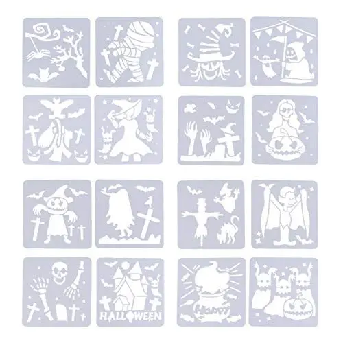 Produktbild: EXCEART Halloween Schablonen Set Skelett Schädel Hand Fledermaus Kürbis Spinne Muster Zeichnung Malerei Schablone für Kinder DIY Basteln Scrapbooking Körpermalfarben Weiß 16 Stück
