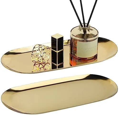 Produktbild: EXLECO 2 Badzimmer Deko Tablett Gold Servierplatte Mini Bad Dekotablett Edelstahl Serviertablett Schmuckschale Kerzentablett Oval Ablageschale für Schmuck Kerzen Waschtisch Badewanne Toilette